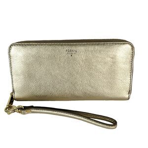Fossil Zip Around Gold Leather Wallet Accordion Standard Wrist Strap